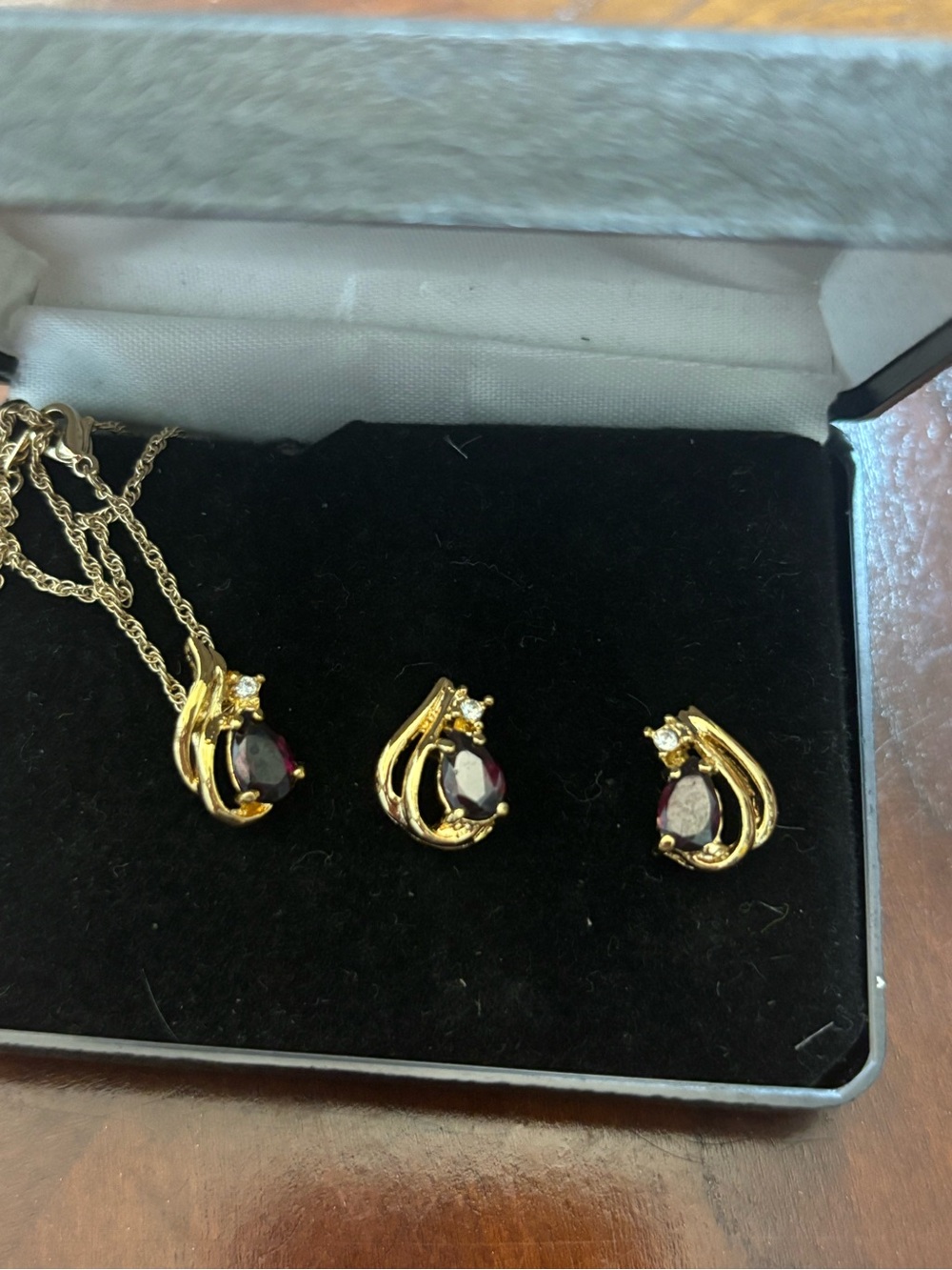 Gold Plated Garnet Teardrop Pendant and Earring Set - Deep Red